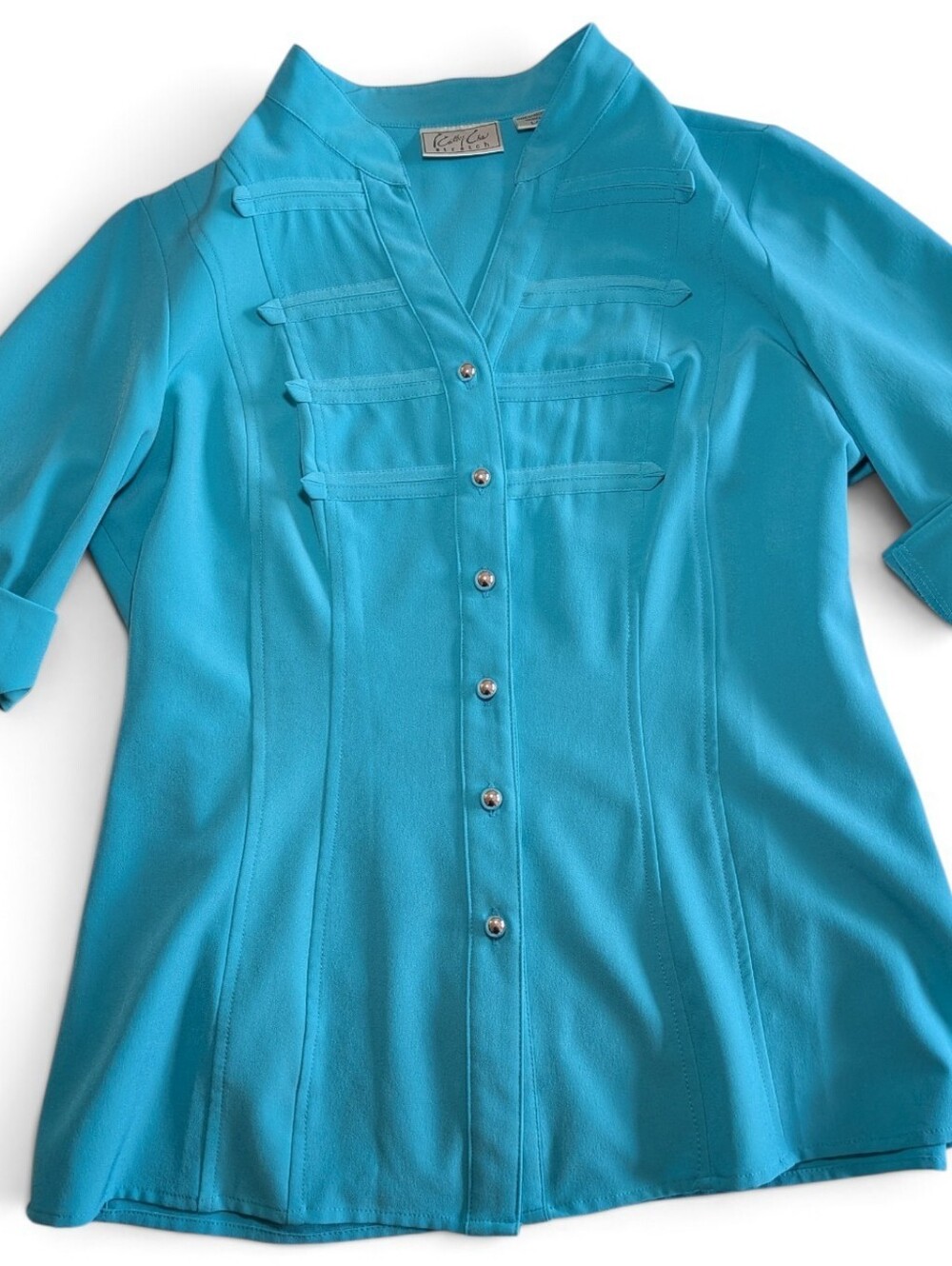 VTG Y2K Cathy Che Turquoise Military Band Button Front Blouse Top L